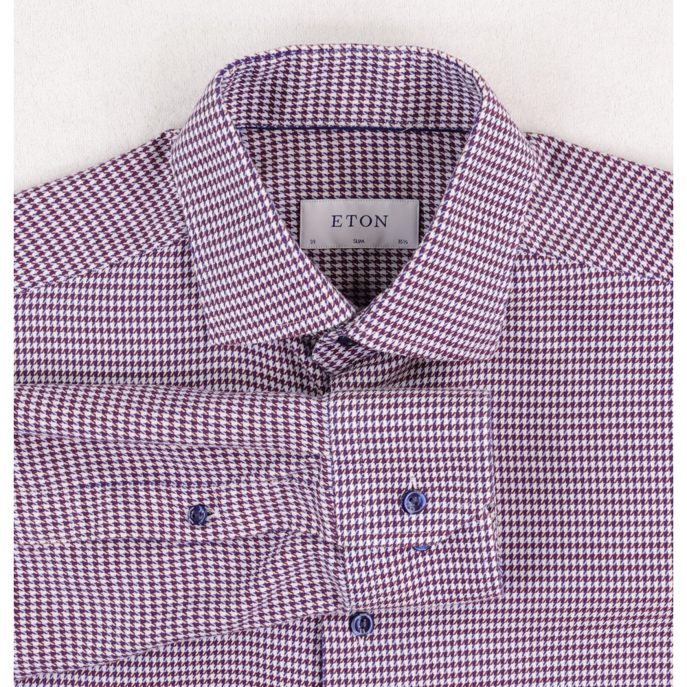 Eton Dress Shirt Mens 15.5 Red Blue Houndstooth Slim Fit Long Sleeve Cotton